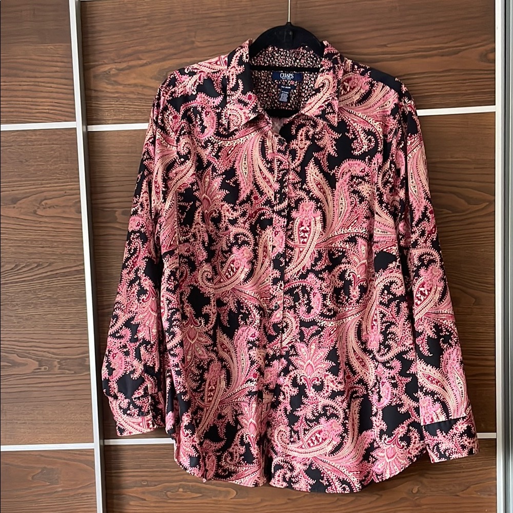Chaps women's Black and Pink Paisley Shirt. No iron.